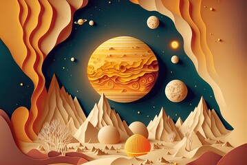 Wall Mural - beautiful illustration paper craft style of astronomy space scenic ,planet, star,