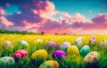 Easter Eggs On Grass, Generative Ai Illustration
