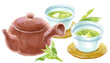 茶色の急須と緑茶の入った湯呑みと茶葉の水彩イラスト(JPEG)
