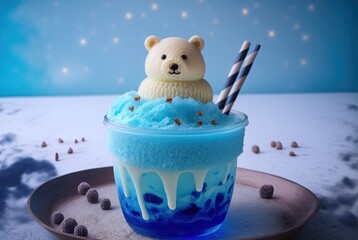 Wall Mural - illustration of cute blueberry blue milkshake glass with white bear decoration 