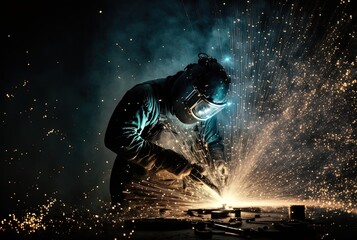 welder is welding metal , industry them bokeh and sparkle background, Generative Ai