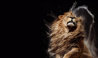 Wall Mural - Lion jumping out of the water. Lion hunts from the water. Space for text. Digital art