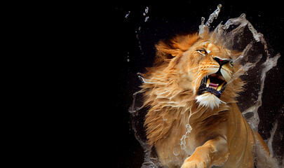 Wall Mural - Lion jumping out of the water. Lion hunts from the water. Space for text. Digital art