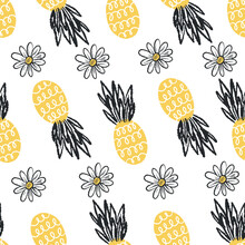 Pineapples And Daisies. Seamless Pattern With Hand Drawn Illustrations
