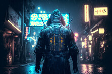 Samurai In The Middle Of Street With Blurred Neon Lights At Night On Background. Postproducted Generative AI Digital Illustration.
