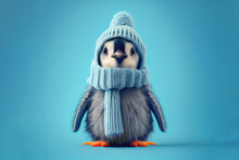 Cute Baby Penguin In A Hat And Scarf Over Blue Background. Generative Ai