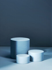 Aufkleber - Three blue various sized empty cylindrical pedestals. 3d computer graphic template of displaying place for your products. Blank template.