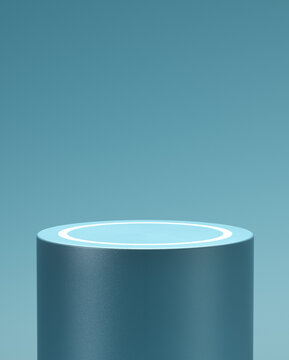 Empty blue cylindrical pedestal with white glowing circle for product placement. 3d computer graphic template of displaying place. Blank template and copy space