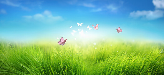 Fotomurales - Young green juicy grass and fluttering butterflies in nature against blue spring sky with white clouds. Spring nature panorama.