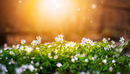 Fotomurales - Beautiful white flowers of anemones in spring forest in sunlight in nature. Spring evening forest landscape with flowering primroses one sunset.