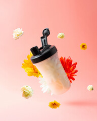 Protein shaker bottle filled with flowers against soft pink background. With flying flowers around.Creatve gym or workout concept.