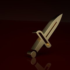 Wall Mural - Gold Dagger icon isolated on brown background. Knife icon. Sword with sharp blade. Minimalism concept. 3D render illustration