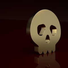 Wall Mural - Gold Skull icon isolated on brown background. Happy Halloween party. Minimalism concept. 3D render illustration