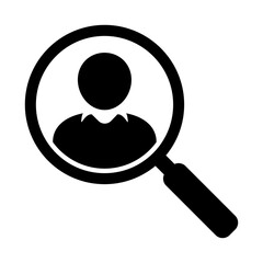 Wall Mural - Magnifying glass looking for people icon, employee search symbol concept, headhunting, staff selection, vector illustration