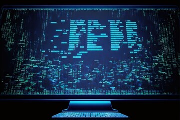 Poster -  a computer screen with a dark background and a blue keyboard in front of the screen is a dark background with green and white letters that spell outlining the word ibm on t Generative AI