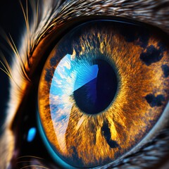 Wall Mural -  a close up of a cat's eye with a blue and yellow iris and a black and white stripe around the iris of the iris of the cat's eye and a black background. Generative AI