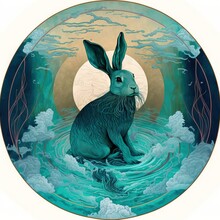  A Painting Of A Blue Rabbit Sitting In The Water With A Full Moon In The Background And Clouds In The Sky Above It.