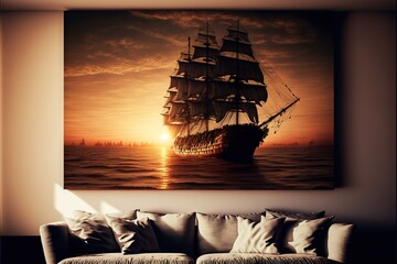 Wall Mural -  a painting of a sailing ship in the ocean with a sunset in the background and a sofa in the foreground with pillows on the bottom of the picture. Generative AI