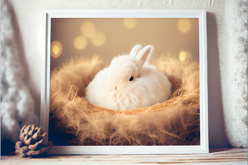 Wall Mural - Cozy easter nest with fluffy rabbit, eggs and pampas grass. Generative AI