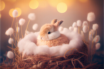 Wall Mural - Cozy easter nest with fluffy rabbit, eggs and pampas grass. Generative AI