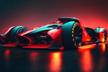  A Red And Blue Race Car On A Dark Surface With A Red Light Coming From The Front Of The Car And A Red Light Coming From The Side Of The Car To The Front Of The Car.