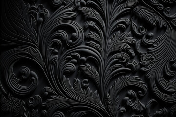 Background Illustration of seamless abstract black ornate floral vine pattern,generative ai.