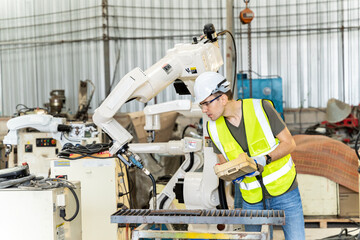 A team of male and female engineers meeting to inspect computer-controlled steel welding robots. Plan for rehearsals and installation for use.