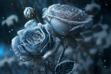 Fantasy Vintage Classic Blue Roses Bouquet And Snow Ice On Blurred Background.blue's Valentine's Day.Generative AI..