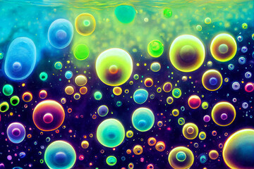 Wall Mural - Fantasy Fluorescent aquatic  abstract life forms and water bubbles under ocean background.generative ai
