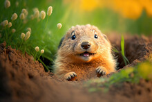 Adorable Smiling Groundhog Cutely Emerges From Burrow Surrounded By Spring Flowers And Lush Grass On Groundhog Day.