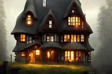 Poster - Haunted house in the forest cartoon background AI generated image