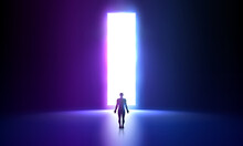 Neon Background Concept. Disco Neon Light. Back View Of Backlit Man Standing Towards Bright Opening In Dark Wall, A Beam Of Light, An Entrance To The Future, A Step Forward, A Portal To A New World