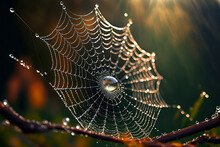 Spider Web With Dew Drops In The Morning. Generative AI