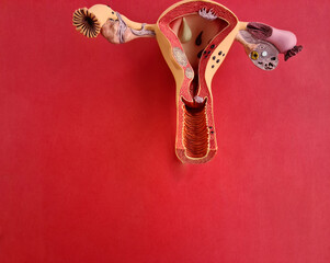 Wall Mural - Uterus anatomy model against red background closeup