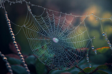 Wall Mural - spider web with dew drops in the morning. Generative AI