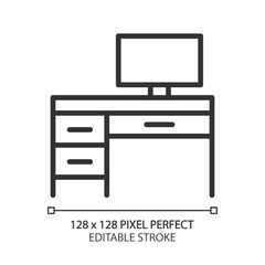 Sticker - Writing table pixel perfect linear icon. Home office. Desk with computer. Modern contemporary home furniture store. Thin line illustration. Contour symbol. Vector outline drawing. Editable stroke