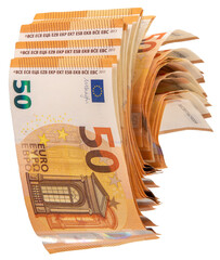 Several fifty euro banknotes unrolling, cut out on transparent