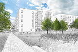 Fototapeta Londyn - Drawing sketch of a residential area with modern apartment buildings, new green urban landscape in the city