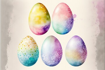 Poster - a watercolor painting of four colorful eggs on a white background with a splash of paint on the bottom of the egg