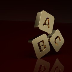 Wall Mural - Gold ABC blocks icon isolated on brown background. Alphabet cubes with letters A,B,C. Minimalism concept. 3D render illustration