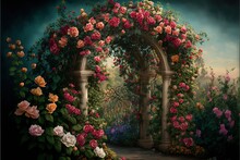  A Painting Of A Garden With Roses And A Trellis In The Middle Of The Frame And A Path Leading To A Garden With Roses And A Path Leading To The End Of The Garden. Generative AI