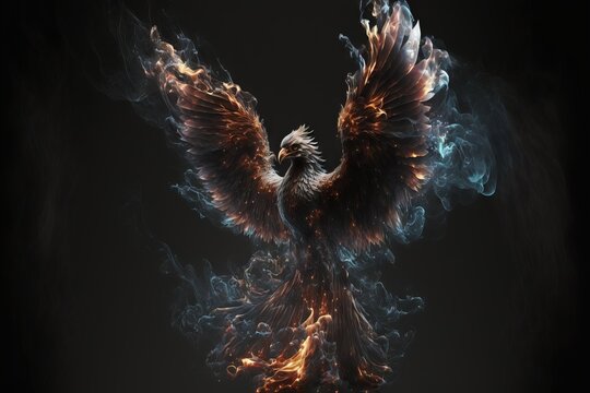  a large bird with a lot of fire and smoke around it's wings and wings spread out, with a black background and a black background behind it is a black backdrop with a. Generative AI