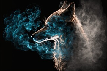 Canvas Print -  a wolf with blue smoke coming out of it's mouth on a black background with a black background and a black background with a white border with a blue smoke and white wolf on the bottom. Generative AI