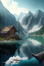  A Painting Of A Cabin On A Lake With Mountains In The Background And A Dock In The Foreground With A Log In The Foreground And A Cabin In The Foreground With A.
