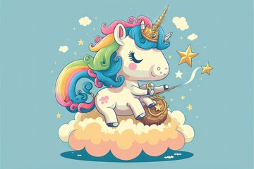 Canvas Print -  a cartoon unicorn sitting on top of a cloud with a star in its hand and a wand in its mouth, on a blue background with clouds, stars and clouds and a blue sky. Generative AI