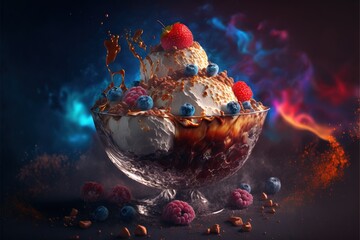 Poster - a bowl of ice cream with berries and nuts on a table with a blue background and a red and blue smoke.