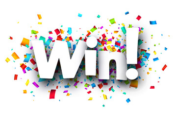 Win sign over colorful cut ribbon confetti background.