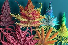 Colorful Marijuana Leaves On Turquoise Background. Art. Deco Style. Generative AI Illustration. Creative Digital Drug Art. Set Cannabis Or Ganja Leaf Multi-colored Wallpaper.