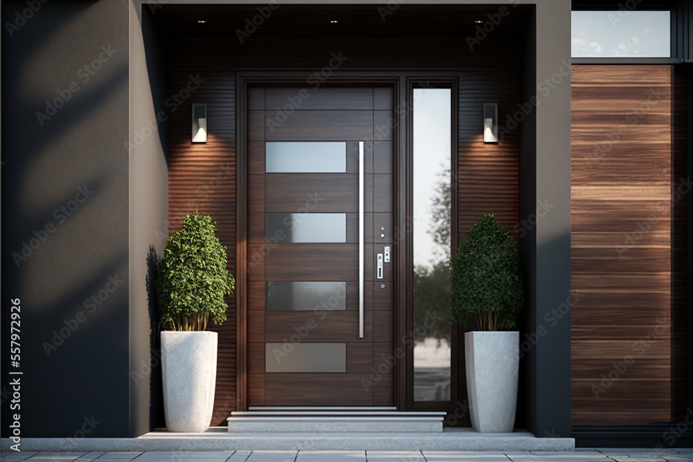 Glass entrance door with side lighting and wall section modern style ...