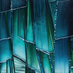 a close up of a glass window with green and blue designs on the outside of the glass and the inside of the window is blue and green and white stripes on the outside of the glass., generative ai